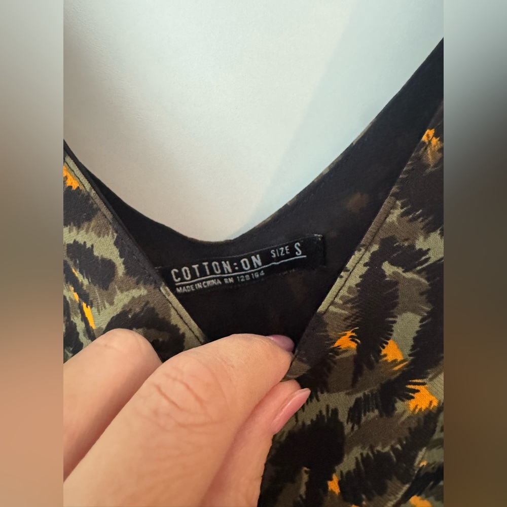 Cotton On Olive & Black Leopard Print top with Orange Accents - Picture 2 of 5